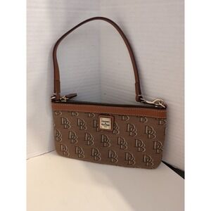 Dooney & Bourke Greta‎ Slim Brown Canvas Logo  Leather Trim Wrislet